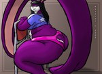 anthro belly big_belly big_butt black_hair butt chair clothing cotton_tail female fur furniture green_eyes hair huge_butt huge_thighs hyper_ears long_hair obese obese_anthro obese_female on_chair overweight overweight_anthro overweight_female purple_body purple_fur shirt t-shirt thick_thighs topwear underwear kazecat violet_(kazecat) lagomorph leporid mammal rabbit 2006