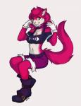 5_fingers anthro biped clothed clothing female fingers fur hair midriff navel pink_nose red_body red_fur red_hair simple_background sitting smile solo white_background yellow_eyes gonewiththefart felid feline mammal digital_media_(artwork)