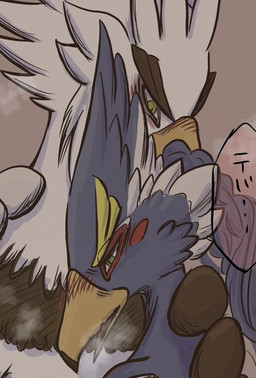 anthro beak blue_body blue_feathers blush breath duo eyebrows feathers green_eyes hug male male/male open_mouth panting text thick_eyebrows white_body white_feathers okayu_kingdom breath_of_the_wild nintendo the_legend_of_zelda revali teba_(tloz) avian rito japanese_text shaded translated