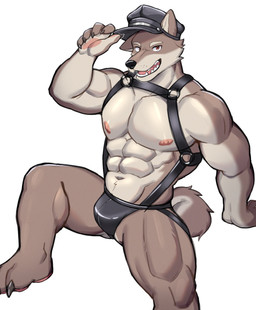 5_fingers abs anthro areola biped black_clothing black_hat black_headwear black_nose black_underwear bulge cheek_tuft chest_harness claws clothed clothed_anthro clothed_male clothing eyebrows facial_tuft fangs feet finger_claws fingerpads fingers fur furgonomic_hat furgonomic_headwear furgonomics glistening glistening_body glistening_eyes harness hat headgear headwear hindpaw jockstrap latex latex_clothing latex_jockstrap latex_underwear male male_anthro multicolored_body multicolored_fur muscular muscular_anthro muscular_male navel nipples one_ear_up open_mouth open_smile orange_body orange_fur pawpads paws pecs pink_areola pink_nipples pink_pawpads red_eyes simple_background smile solo tan_body tan_eyebrows tan_fur teeth toes tongue_showing tuft two_tone_body two_tone_fur underwear white_background norakemo777 canid canine canis domestic_dog mammal 2023 digital_media_(artwork) hi_res