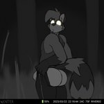 anthro bottomwear bulge butt clothed clothing male markings pants pulling_up_pants shirt solo striped_markings striped_tail stripes tail tail_markings topwear trail_cam underwear wintermadness tight_pants_(meme) travis_(winter) mammal procyonid raccoon 1:1 2023 hi_res meme monochrome