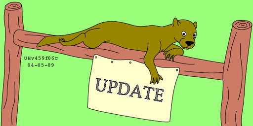 ambiguous_gender banner brown_body feet feral green_background looking_at_viewer lying membrane_(anatomy) on_front otter_tail sign simple_background smile smiling_at_viewer solo text webbed_hands wood urbanhermit mammal mustelid otter 2004 colored english_text