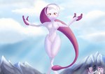 anthro blush breasts detailed_background female floating genitals looking_at_viewer nipples nude pussy raised_arms red_eyes solo tail text tcg_(artist) nintendo pokemon generation_6_pokemon legendary_pokemon mammal mega_evolution mega_mewtwo mega_mewtwo_y pokemon_(species) absurd_res digital_media_(artwork) hi_res