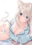 blonde_hair blue_eyes blush breasts cleavage clothed clothing female hair markings mole_(marking) navel panties shirt solo topwear underwear jimmy_madomagi animal_humanoid cat_humanoid felid felid_humanoid feline feline_humanoid humanoid mammal mammal_humanoid 2020 absurd_res hi_res