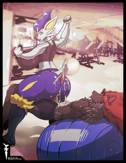 abs anthro anthro_on_anthro big_butt bodily_fluids bra butt clothing cum duo erection exercise female genital_fluids genitals gym hot_dogging male muscular penis sex sexercise sol_doliodos sports_bra underwear d-day dnp101 dragonofdarkness1992 nintendo pokemon fan_character cinderace generation_5_pokemon generation_8_pokemon pokemon_(species) zoroark hi_res