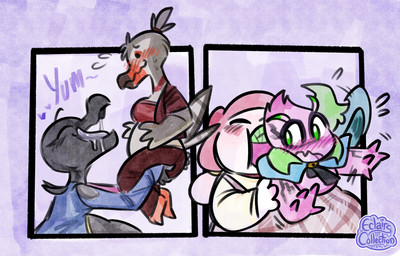 ambiguous_gender anthro blush blush_lines bodily_fluids breasts drooling female flailing group holding_prey licking licking_lips oral_vore saliva soft_vore sweatdrop_(iconography) tongue tongue_out vore eclairscollection nintendo pokemon paprika_(eclairscollection) avian bird celebi generation_2_pokemon generation_6_pokemon generation_7_pokemon legendary_pokemon piciform pokemon_(species) salandit slurpuff trumbeak trans_(lore) trans_woman_(lore)