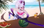 bandeau bar beach beverage black_horn black_tail clothing cloud duo eyewear female food fruit glasses hair holding_melee_weapon holding_object holding_sword holding_weapon horn humanoid_pointy_ears ice_cube light_body light_skin long_hair melee_weapon melon mouth_closed outside plant pointy_ears purple_body sea seaside sky solo_focus standing striped_arms striped_horn stripes sword tail tan_body tinted_glasses topwear water weapon white_hair kolaa humanoid artist_name hi_res