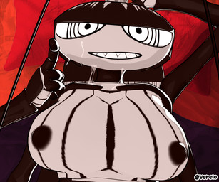 antennae_(anatomy) anthro aroused bed bedroom bedroom_eyes big_breasts big_eyes bodily_fluids breasts crown cum cum_on_face curious female first_person_view furniture genital_fluids grey_body hair happy headgear huge_breasts long_hair looking_at_viewer multi_limb narrowed_eyes nipples seductive sharp_teeth shell solo teeth verelo versus_(manga) roya_roach arthropod blattodean cockroach humanoid insect 6:5 hi_res