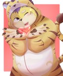 anthro belly clothing fangs hair heart_symbol kigurumi looking_at_viewer male obese one_eye_closed onesie overweight overweight_male pawpads purple_eyes purple_hair slightly_chubby solo star_wink stripes teeth young young_anthro inugamihito tamacolle kai_(tamacolle) felid mammal pantherine tiger hi_res