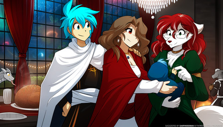 5_fingers anthro baby biped bottomwear breasts cape chest_tuft claws cleavage clothed clothed_anthro clothed_female clothed_human clothed_male clothing eyewear female feral finger_claws fingers front_view fully_clothed fully_clothed_anthro fully_clothed_female fully_clothed_human fully_clothed_male fur glasses group hair hair_over_eye hand_on_shoulder holding_baby inside male mature_female smile standing tail topwear trio trio_focus tuft young conditional_dnp tom_fischbach european_mythology mythology twokinds lady_nora_(twokinds) roselyn_(twokinds) saria_legacy trace_legacy canid canine canis dragon human keidran mammal mythological_creature mythological_scalie scalie western_dragon wolf 2025 7:4 digital_drawing_(artwork) digital_media_(artwork) hi_res mother_(lore) mother_and_child_(lore) parent_(lore) parent_and_child_(lore)