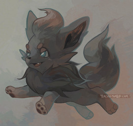 3_toes black_pawpads blue_eyes cute_fangs fangs feet fluffy fluffy_tail fur grey_body grey_fur jumping pawpads short_snout solo tail teeth text toes teacosies nintendo pokemon generation_5_pokemon pokemon_(species) zorua url