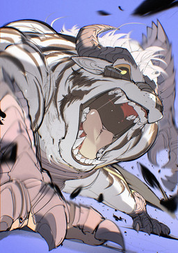 4_fingers 4_toes all_fours anthro biped black_sclera black_stripes bodily_fluids claws digitigrade eye_trail facial_markings fangs feet finger_claws fingers foreshortening front_view fur gaping_mouth hair head_horn head_markings horn looking_at_viewer male markings nude nude_anthro nude_male open_mouth pink_tongue pointy_ears purple_background saliva saliva_string simple_background snout solo striped_arms striped_body striped_face striped_legs stripes tail tail_tuft teeth toe_claws toes tongue tongue_showing tuft white_body white_fur white_hair yellow_eyes chiayeeee unknown_species 2026 chromatic_aberration digital_drawing_(artwork) digital_media_(artwork) full-length_portrait hi_res portrait