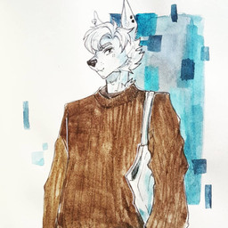 abstract_background anthro black_nose brown_clothing brown_topwear clothed clothing ear_piercing ear_ring ear_stud fur glistening glistening_nose hair looking_aside male mouth_closed piercing ring_piercing short_hair solo standing stud_piercing topwear unsigned white_body white_fur white_hair akatan_art canid mammal 1:1 half-length_portrait portrait traditional_media_(artwork)