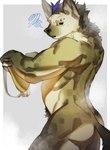 2024 anthro arknights athletic athletic_anthro athletic_male butt clothing fur grey_body grey_fur hair hi_res holding_clothing holding_jockstrap holding_object holding_underwear hyena hypergryph jockstrap looking_at_viewer male mammal markings pu94_d1de4c solo spot_(arknights) spots spotted_body spotted_fur spotted_hyena studio_montagne tail underwear