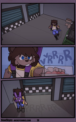anthro backpack clothed clothing escape garage_door male pushbutton text bewskyss five_nights_at_freddy's five_nights_at_freddy's:_security_breach scottgames steel_wool_studios bonnie_(fnaf) canid canine canis mammal absurd_res comic hi_res