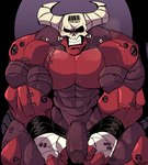 2023 abs angry barcode biceps big_pecs blush bodily_fluids bolt_(disambiguation) clenched_teeth deltoids demon eyeless genitals hand_wraps helltaker hi_res horn humanoid juggermelon looking_at_viewer male muscular muscular_humanoid muscular_male number pecs penis red_body robotic_arms solo subject_67_(helltaker) sweat tail tail_offscreen teeth teeth_showing vein wraps wrists_tied