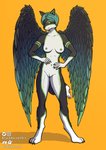 anthro breasts feathered_wings feathers female green_eyes green_nipples looking_at_viewer multicolored_body multicolored_feathers nipples solo two_tone_body two_tone_feathers wings blackhornet ashlyn_(blackhornet) angel canid canine canis fox hybrid mammal absurd_res hi_res