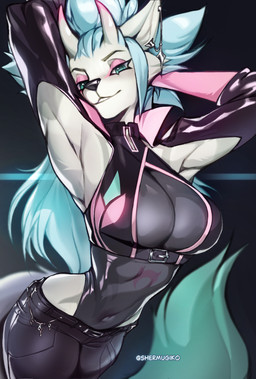 anthro biped bottomwear breasts clothed clothed_anthro clothed_female clothing female front_view fully_clothed fully_clothed_anthro fully_clothed_female fur hair horn looking_at_viewer navel simple_background smile solo standing tail teeth topwear shermugi unknown_species 2026 digital_drawing_(artwork) digital_media_(artwork) hi_res