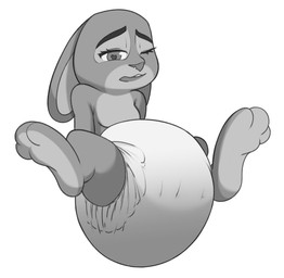 anthro big_diaper clothed clothing diaper diaper_only feces feet female heart_pupils huge_diaper one_eye_closed open_mouth pooping sitting soiled_diaper soiling soiling_diaper soles solo toes topless unclean_diaper used_diaper using_diaper wearing_diaper octojo disney zootopia judy_hopps lagomorph leporid mammal rabbit 2023 absurd_res hi_res monochrome