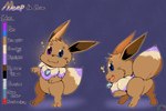 ambiguous_gender big_ears blonde_hair blue_eyes brown_body brown_fur everstone feral fluffy fluffy_tail fur hair happy heterochromia jewelry necklace purple_eyes purple_hair snaggle_tooth solo tail text oooeygoooey nintendo pokemon meep_the_eevee eevee generation_1_pokemon pokemon_(species) character_name hi_res model_sheet