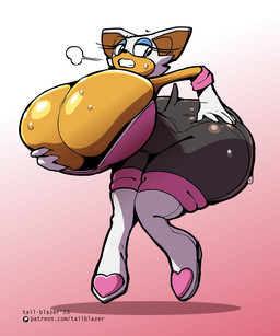 anthro big_breasts big_butt bodily_fluids breasts butt clothing curvy_figure female gloves hand_imprint hand_on_breast hand_on_butt handwear hourglass_figure huge_breasts huge_butt hyper hyper_breasts hyper_butt imprint simple_background solo sweat sweatdrop wide_hips tail-blazer sega sonic_the_hedgehog_(series) rouge_the_bat bat mammal 2023 5:6 hi_res