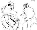 anthro blush bow_(feature) bow_tie clothing duo eye_patch eyewear hand_on_head hat headgear headwear hook hook_hand hug kissing machine male male/male metal pirate scar shocked simple_background surprise top_hat atlas-white five_nights_at_freddy's scottgames foxy_(fnaf) freddy_(fnaf) animatronic bear canid canine mammal robot 5:4 animated monochrome short_playtime