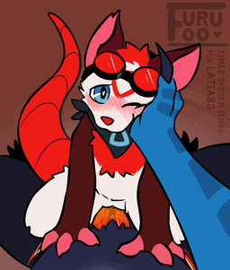 anthro blue_body blue_scales blush caressing caressing_face claws cowgirl_position eyewear female from_front_position fur goggles kerchief male male/female on_bottom on_top one_eye_closed red_body red_fur scales sex size_difference white_body white_fur furufoo mythology american_opossum dragon mammal marsupial mythological_creature mythological_scalie reptile scalie virginia_opossum