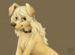 anthro blonde_hair breasts brown_eyes brown_nose collar convenient_censorship featureless_breasts female hair looking_at_viewer smile solo werella canid canine canis domestic_dog mammal hi_res