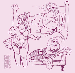 anthro bed bedroom_eyes belly belly_overhang bikini blush blush_lines boudoir breasts buckteeth clothed clothing covering covering_breasts eyelashes facial_tuft fainting_couch female furniture gesture hat headgear headwear lingerie long_eyelashes narrowed_eyes navel nipple_slip nipples o-ring overweight overweight_anthro seductive solo sparkles sun_hat swimwear teeth tuft two-piece_swimsuit underwear underwear_only waving kittybittybuns lagomorph mammal absurd_res hi_res sketch_page