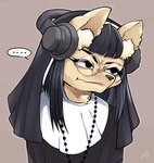 anthro beads black_eyes black_hair electronics eyewear female front_view frown fur glasses hair headphones nun prayer_beads rosary solo tan_body tan_fur third-party_edit yellowparrottw hi_res