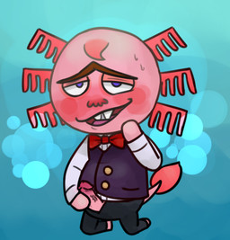 anthro bodily_fluids bow_tie clothed clothing erection genitals humanoid_genitalia humanoid_penis kneeling looking_at_viewer male open_mouth open_smile penis penis_poking_out pink_body pink_penis pink_skin purple_eyes smile solo sweat topwear vest ubernerdmaster animal_crossing nintendo dr._shrunk_(animal_crossing) amphibian aquatic axolotl mole_salamander salamander 2017