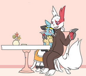 alternative_fashion anthro arm_around_shoulders black_body black_fur blue_body blue_fur blush cafe chair classic_lolita clothed clothing dress duo eyewear female fur furniture gesture hand_gesture happy j-fashion lolita_(fashion) maid_cafe maid_uniform male pointing red_body red_fur sitting sitting_together size_difference smaller_female sunglasses table tail uncomfortable uniform whiskers white_body white_fur kipaki nintendo pokemon jaki-kun_(character) dewott generation_3_pokemon generation_5_pokemon pokemon_(species) zangoose colored hi_res