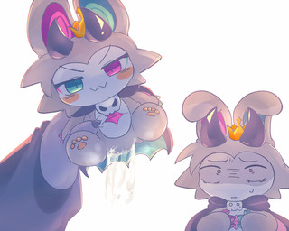 anthro black_horn bodily_fluids cape clothing crown cum duo genital_fluids grey_body grimace headgear heterochromatic_ears heterochromia horn male masturbation paws plushie plushie_of_self plushification skull_accessory stuffing_sc0ne devil_connection makemon devilun_(makemon) summoner_(devil_connection) bat mammal 5:4 hi_res