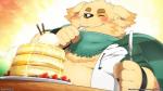 blush clothed clothing eating food jacket male pancake scarf slightly_chubby solo topless topwear hinami lifewonders tokyo_afterschool_summoners cu_sith_(tas) canid canine canis domestic_dog mammal 16:9 hi_res widescreen