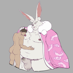 anthro asian_clothing bodily_fluids bulge clothing duo east_asian_clothing fundoshi genital_fluids human_on_anthro interspecies japanese_clothing kemono male male/male moob_suck moobs nipples overweight overweight_anthro overweight_male precum size_difference sucking underwear white_clothing white_fundoshi white_underwear kazhijun shangri-la_frontier vysache human lagomorph leporid mammal rabbit vorpal_bunny 1:1 2026 hi_res