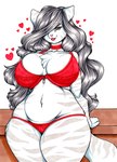 amber_eyes anthro big_breasts bra breasts choker cleavage clothed clothing curvy_figure eyebrow_through_hair eyebrows female fingers fur grey_body grey_fur grey_hair hair hair_over_eye heart_symbol hearts_around_body hearts_around_upper_body huge_breasts jewelry lace_bra lipstick long_hair looking_at_viewer makeup multicolored_body multicolored_fur navel necklace one_eye_obstructed panties slightly_chubby solo standing striped_body striped_fur stripes thick_thighs translucent translucent_hair two_tone_body two_tone_fur underwear voluptuous white_body white_fur wide_hips longinius aisha_(longinius) felid feline mammal pantherine tiger absurd_res hi_res portrait three-quarter_portrait traditional_media_(artwork)