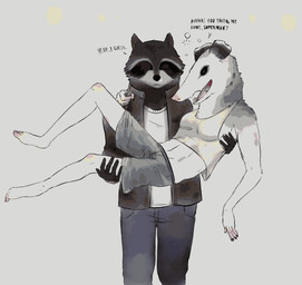 anthro bottomwear breasts bridal_carry carrying_another clothed clothing coat dialogue drunk duo female flat_chested fully_clothed jacket male naughty_face pants substance_intoxication text topwear underwear unknown_artist habits bennett_(habits) clementine_(habits) american_opossum mammal marsupial procyonid raccoon virginia_opossum english_text hi_res