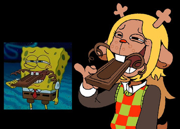 4_fingers anthro antlers blonde_hair brown_body buckteeth candy chocolate chocolate_bar clothed clothed_anthro clothed_female clothing dessert female fingers food freckles hair horn solo teeth iluvrabbitz deltarune nickelodeon spongebob_squarepants undertale_(series) noelle_holiday spongebob_squarepants_(character) aquatic deer mammal new_world_deer reindeer sea_sponge reference_image