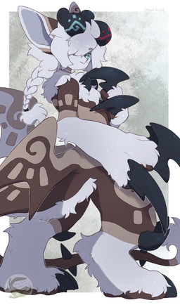 2_horns ambiguous_gender anthro black_claws black_hooves blue_eyes braided_hair brown_body brown_wings claws finger_claws hair hooves horn solo spiked_tail spikes spikes_(anatomy) tail tuft unusual_anatomy unusual_horn white_hair wings mochiri unknown_species absurd_res hi_res