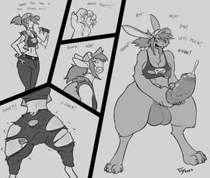 anthro baseball_cap big_penis breasts breath clothing dialogue ejaculation female ftg_transformation fti_transformation gender_transformation genital_growth genitals growth gynomorph hair hat headgear headwear huge_penis human_to_anthro intersex looking_at_viewer masturbation offering_sex panting penile penile_masturbation penis penis_growth ponytail skull_accessory solo species_transformation talking_to_viewer text torn_clothing transformation transformation_sequence vein veiny_penis toby_art hare human lagomorph leporid mammal comic english_text hi_res monochrome sequence