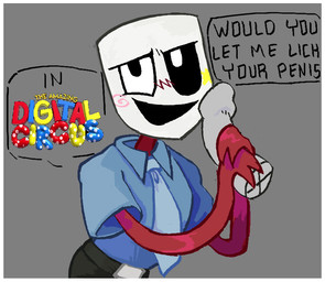 accessory belt blush border clothed clothing erection female fully_clothed genitals grey_penis heterochromia humanoid_genitalia humanoid_penis imminent_oral imminent_sex logo looking_at_viewer mask necktie offering_sex offering_to_viewer penis penis_grab smile white_border objectfucker glitch_productions spudsy's the_amazing_digital_circus gangle_(tadc) animate_inanimate fabric_creature living_mask