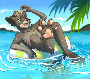 anthro brown_eyes claws cloud day feet foot_focus fur grey_body grey_fur leaf male nude one_eye_closed open_mouth partially_submerged pawpads pink_pawpads sea sky solo tail water wet wet_body wet_fur white_claws konejo canid canine canis mammal wolf 2023 colored digital_drawing_(artwork) digital_media_(artwork) hi_res shaded