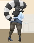 anthro big_breasts big_butt bottomwear breasts butt clothed clothing female footwear fur hair high_heels legwear looking_at_viewer looking_back office panties pantyhose shoes skirt solo tail thick_thighs topwear underwear blackbetty franciene_(tango's_family) mammal procyonid raccoon hi_res