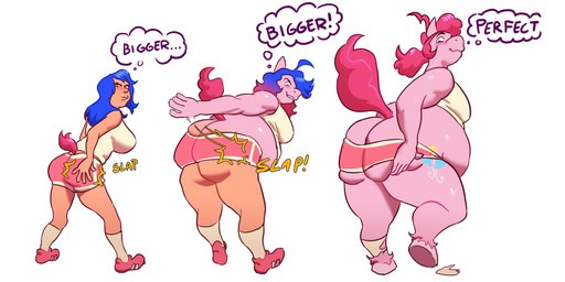 anthro belly big_belly big_breasts blue_hair breast_reduction breasts butt butt_slap butt_touch clothed clothing crossgender female ftm_crossgender ftm_transformation gender_transformation hair human_to_anthro inflation long_hair looking_back male overweight overweight_anthro overweight_male pink_body pink_hair simple_background slap slapping_own_butt slapping_self smile solo species_transformation tail text tf_into_fictional_character thick_thighs thought_bubble three_frame_sequence transformation transformation_sequence weight_gain white_background chunkowitz friendship_is_magic hasbro my_little_pony pinkie_pie_(mlp) human mammal absurd_res digital_media_(artwork) english_text handwritten_text hi_res sequence