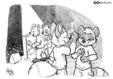 anthro bottomwear cheek_tuft closed_smile clothing dipstick_tail eyes_closed facial_tuft group guitar head_tuft holding_guitar holding_musical_instrument holding_object male male_anthro markings mouth_closed musical_instrument open_mouth open_smile pants playing_guitar playing_music plucked_string_instrument shirt singing smile stage string_instrument striped_markings striped_tail stripes t-shirt tail tail_markings topwear tuft young young_anthro young_male pandapaco art_(pandapaco) biro_(pandapaco) julio_(pandapaco) parinton bear canid canine giant_panda mammal procyonid raccoon monochrome