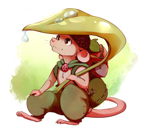 abstract_background anthro backpack biped brown_eyes clothing fur holding_leaf leaf male micro simple_background sitting solo tail water mustachemutt mammal mouse murid murine rodent 2014