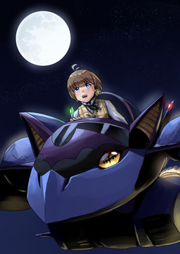aircraft blonde_hair blue_eyes duo feral flying full_moon hair machine male moon night sky smile star starry_sky vehicle yellow_eyes hase_popopo bandai_namco digimon digimon_beatbreak makoto_kuonji aeromorph digimon_(species) human living_aircraft living_machine living_vehicle mammal scourgechiropmon absurd_res hi_res
