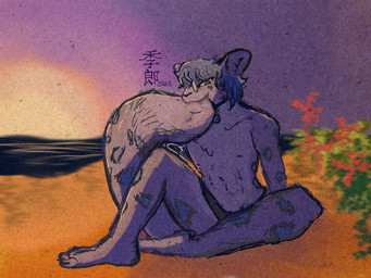 anthro barely_visible_teeth beach bell bell_collar bite black_clothing black_panties black_underwear blue_body blue_fur blue_hair blue_spots clothing collar crossed_legs eyewear femboy flower fur glasses golden_hour grey_body hair looking_at_viewer male multicolored_body multicolored_fur panties plant red_flower round_glasses sand sea sitting sitting_on_ground skinny solo spots sunset tail tail_bite tail_in_mouth teeth thick_thighs underwear water wide_hips kirou yikon_(yikonyx) felid feline mammal pantherine snow_leopard 4:3 watermark