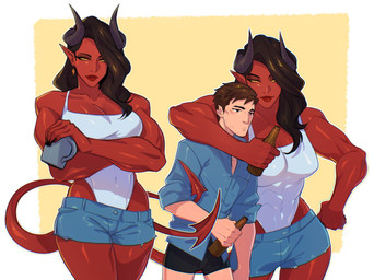 abs big_breasts black_hair bottle bottomwear breasts clothing coffee_mug container crossed_arms denim denim_bottomwear denim_clothing denim_shorts duo ear_piercing eyebrows female hair horn humanoid_pointy_ears leotard male muscular muscular_female not_furry piercing pointy_ears red_body red_skin shirt shorts spade_tail tail topwear yellow_sclera cluque95 dispatch malevola_gibb robert_robertson_(dispatch) demon demon_humanoid human humanoid mammal 2025 hi_res