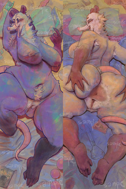 anal_hair anthro anus armpit_hair beckoning bed belly big_anus big_belly big_breasts big_butt big_vulva bodily_fluids body_hair bong breasts butt butt_grab butt_hair dakimakura drugs eyewear feet female furniture genitals gesture glasses hairy_vulva hand_on_butt happy_trail inner_labia long_inner_labia looking_at_viewer narrowed_eyes nipple_piercing nipples piercing plump_labia presenting pubes slightly_chubby soles solo spreading steam sweat thick_thighs tongue tongue_out vulva wide_hips smashmat desamistesae_fafratarello_flumendo_styx american_opossum mammal marsupial absurd_res dakimakura_design hi_res huge_filesize